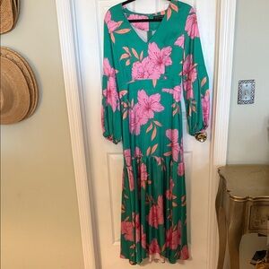 Boston Proper Floral Green Pink Women's Maxi Dress